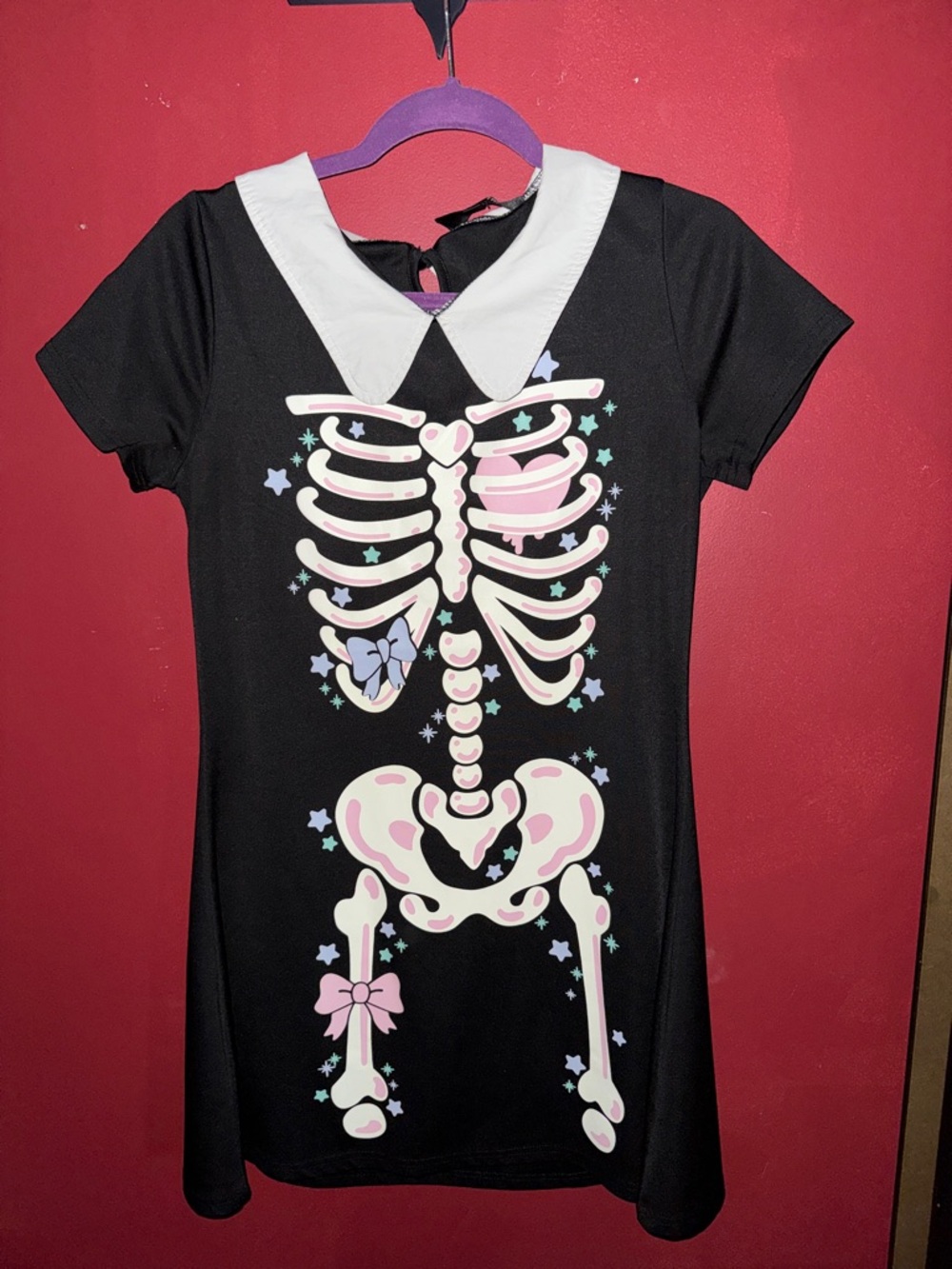 Black Collar Dress with Pastel Skeleton Print